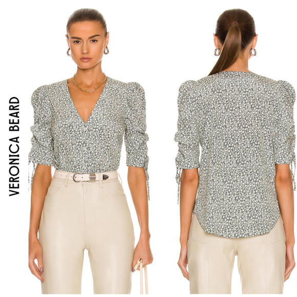 Veronica Beard Tops - VERONICA BEARD | SZ 4 | Y2K Boho Green Floral Silk Ruched-Sleeve Top Blouse $398